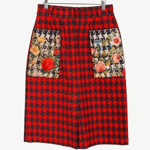 Pierre Louis Mascia Red Houndstooth & Floral Pencil Skirt